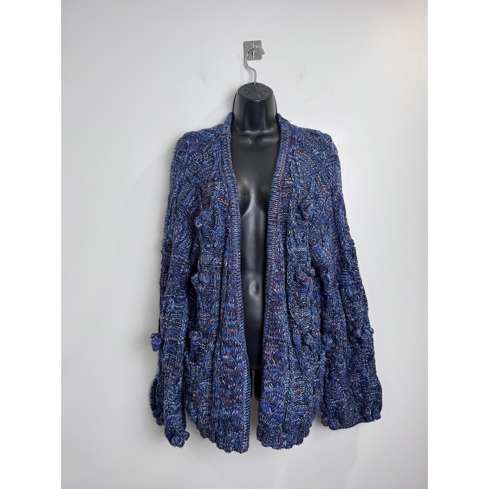 For Love and Lemons Knitz Blue Multi Cable Knit Bobble Cardigan Sweater Medium